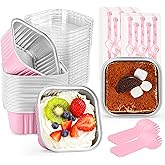 LOKQING 60 Pack Mini Cake Pans with Lids Foil Pans Square Aluminum Pans with Lids Cupcake Liners for Birthday Wedding Party Gift (Pink, 5 oz)
