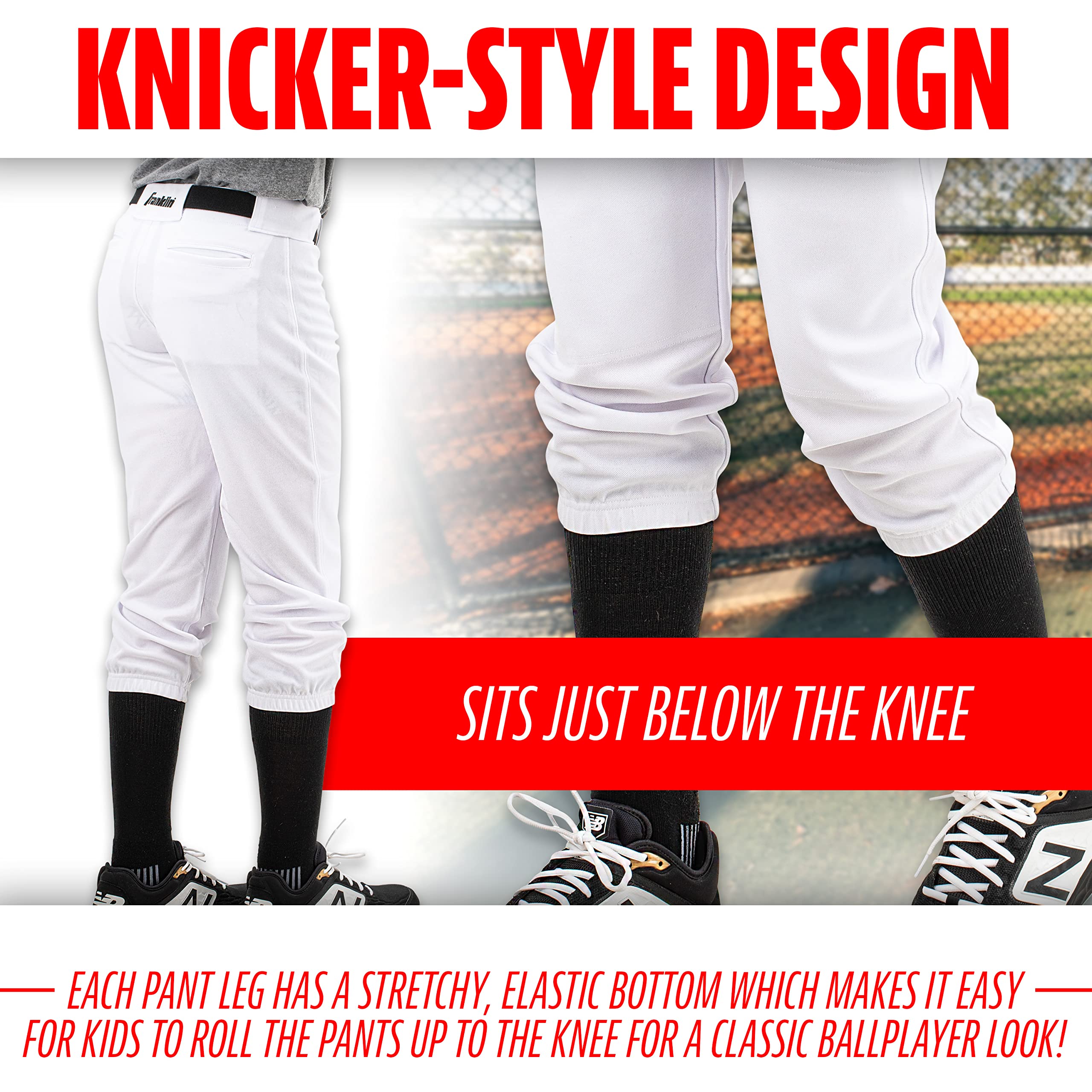 Franklin Sports Youth Baseball + Softball Pants - Knee High + Relaxed Fit Kids Baseball Pants - White, Black + Grey Pants