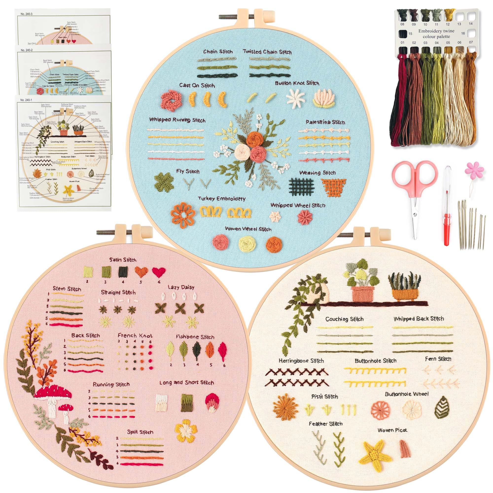Myfelicity 3 Embroidery kit for Beginners, Embroidery Starter Kits to Learn 30 Different Stitches, Including Fabric with Prints, Threads, Needles, Hoop and Video tutorials