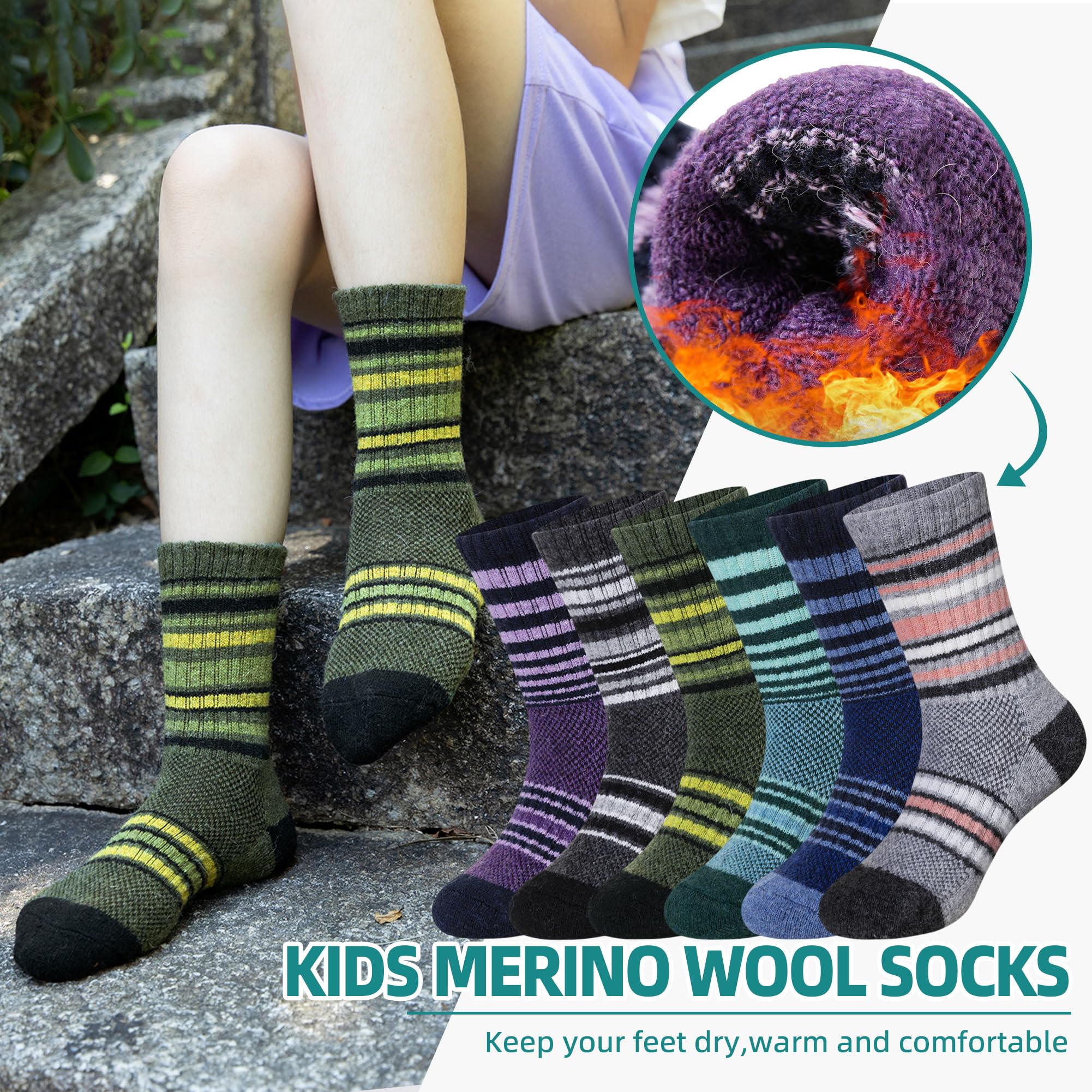 Kids Merino Wool Hiking Socks Toddlers Boys Girls Thermal Warm Winter Cushion Moisture Wicking Crew Boot Socks 6 Pairs