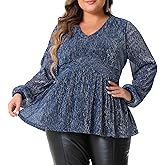 Agnes Orinda Plus Size Women's Glitter Tops Sequin V-Neck Waist Pleat Blouse Lantern Sleeve Sparkly Peplum Tops