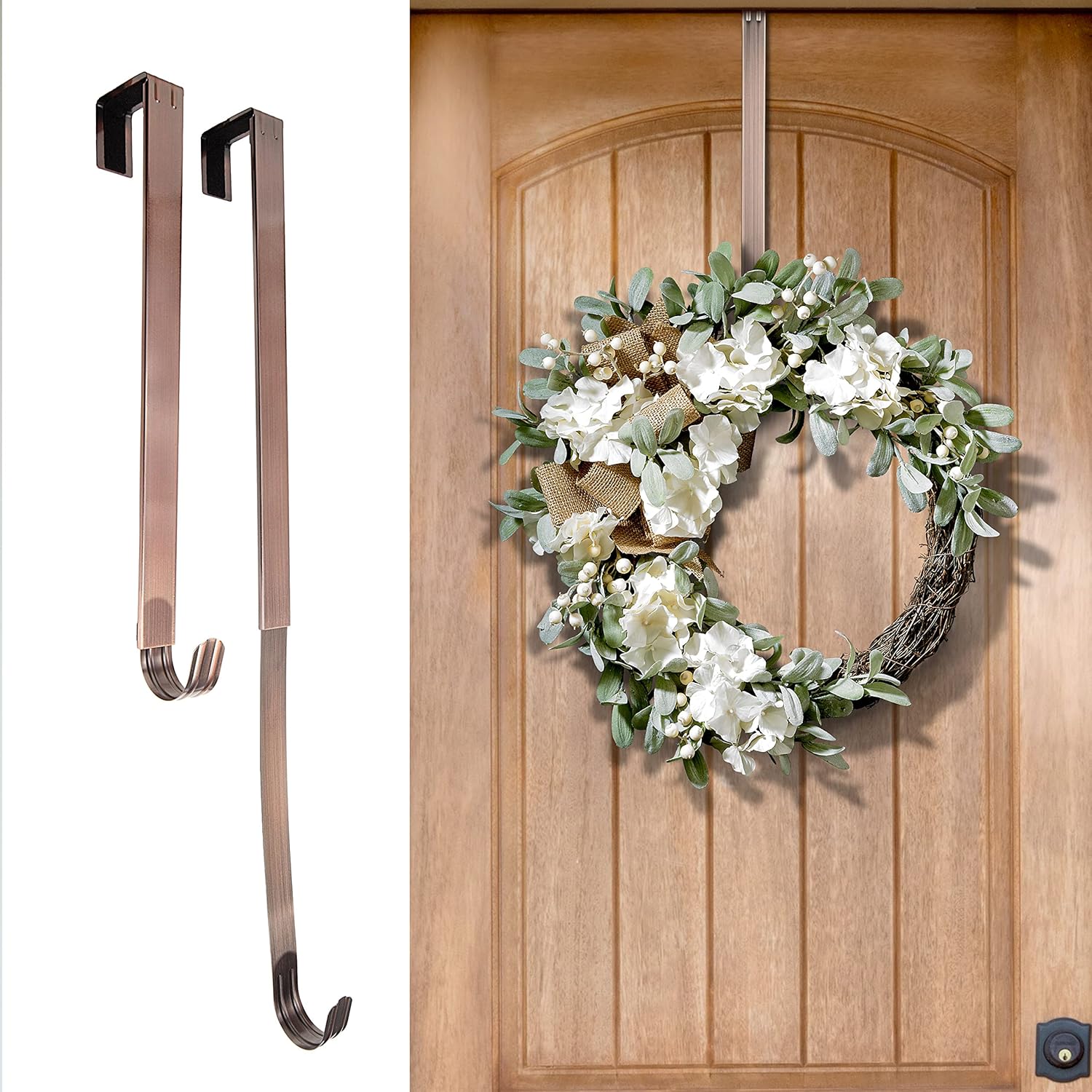 Wreath Hangers - Haute Decor Adapt Adjustable Length Wreath Hanger 2 Pack (Bronze) Front or Back Door Decor Holders with Pads on The Back, Holds up to 10 lbs. Oil-Rubbed Bronze 2 Pack