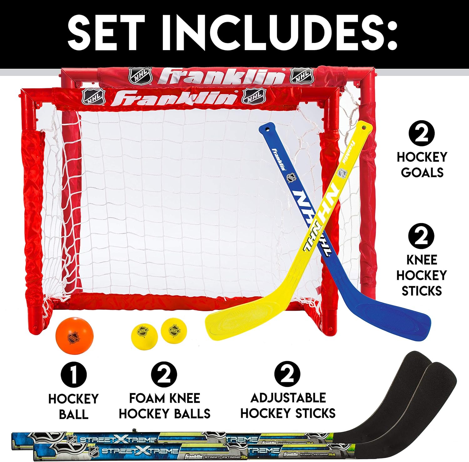 Franklin Sports Kids Folding Hockey 2 Goal Set - NHL - Street Hockey & Knee Hockey - Includes 2 Adjustable Hockey Sticks, 2 Knee Hockey Sticks, 2 Hockey Balls - 24 x 19 x 19 Inch Goal: Sports & Outdoors