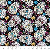 Sugar Skulls Folkloric Black Cotton Fabric by The Yard