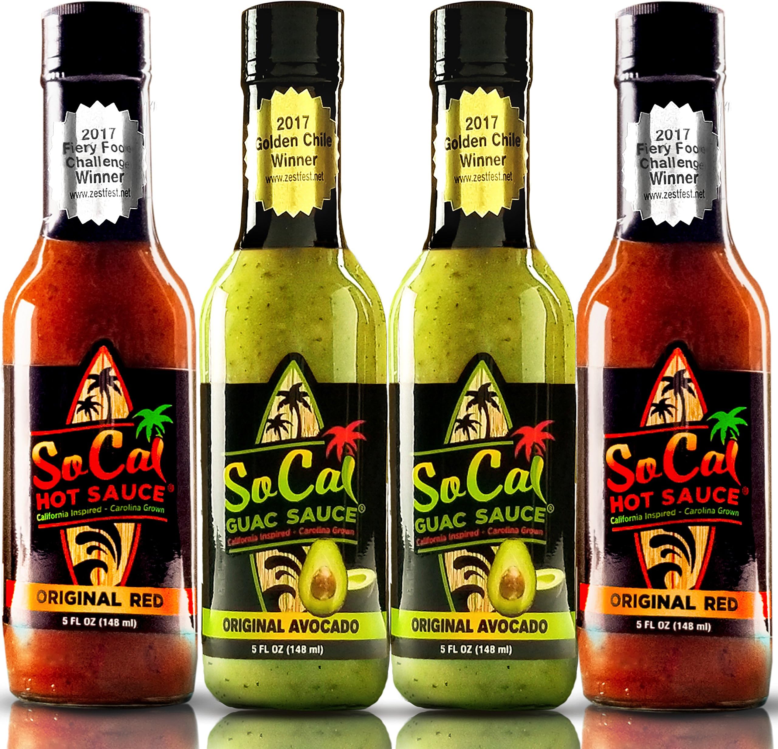 SoCal Hot Sauce Pack of 4 Gift Set, Mild Pack, 2 Bottles of the Original Avocado SoCal Guac Sauce and 2 Bottles of Original Red SoCal Hot Sauce