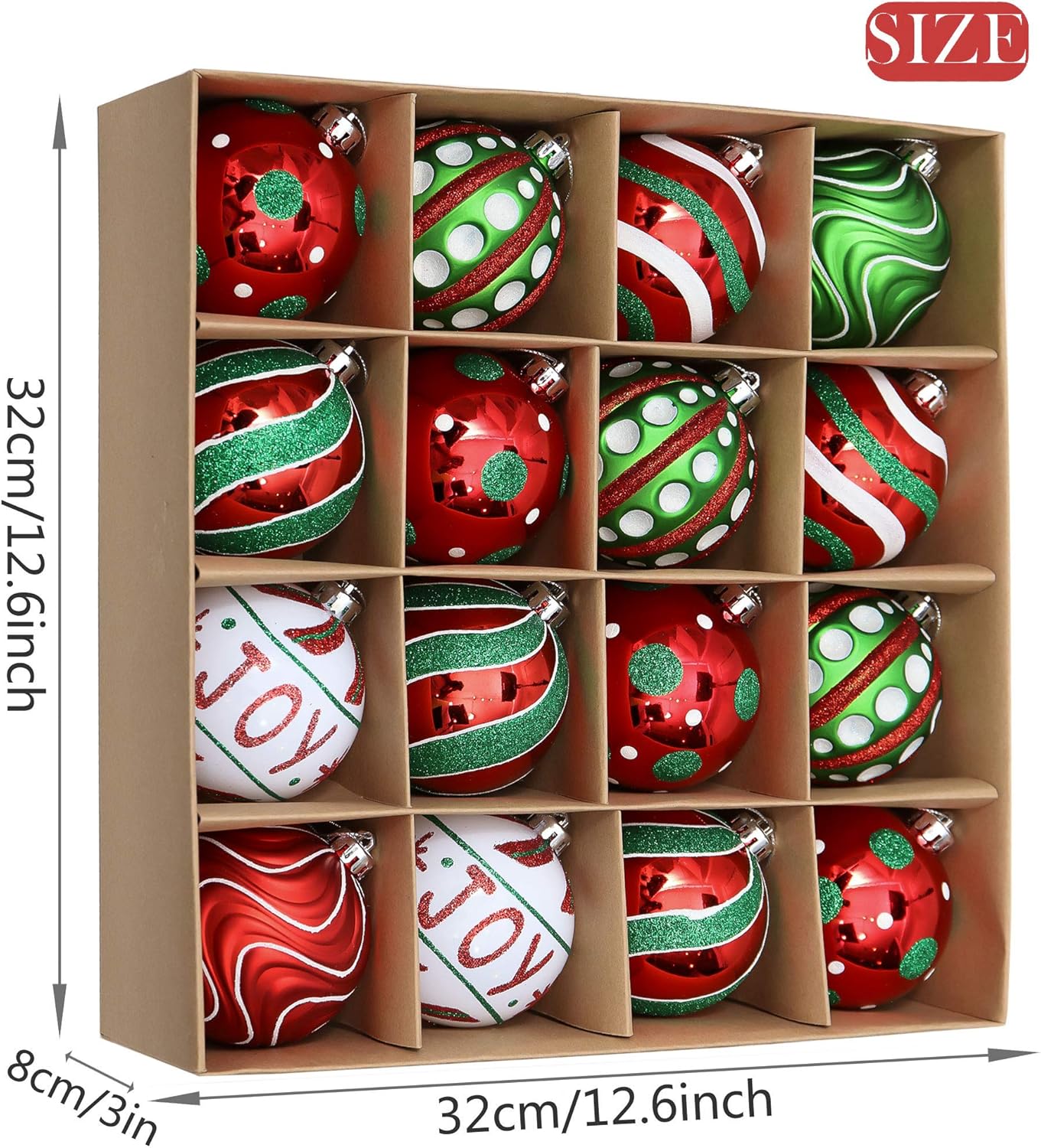 Valery Madelyn Christmas Baubles for Christmas Tree Decorations 16pcs 8cm Red Green and White Shatterproof Giant Baubles for Christmas Tree Balls Ornaments for Xmas Decoration - Image 3