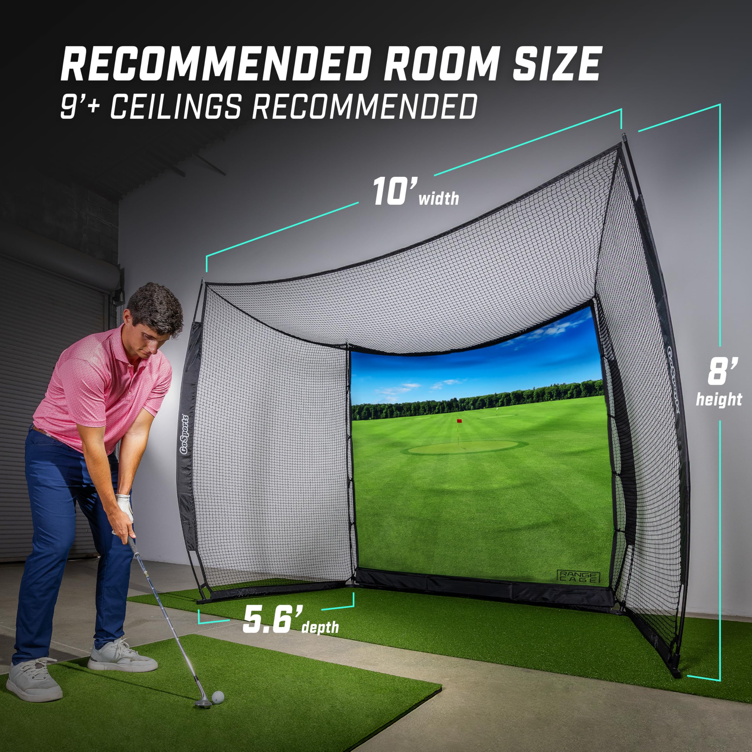 GoSports Range Cage 10 x 8 ft Golf Practice Hitting Net - Choose Between Printed Graphics Impact Screen, Blank Simulator Screen, or Classic Net