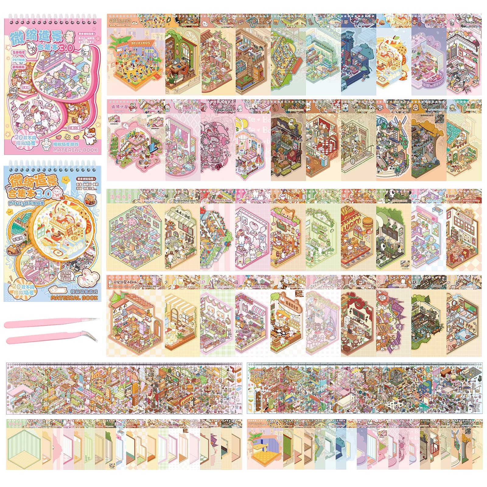 40 Sets DIY 3D House Sticker Scene Kit Sticker Book for Adults & Kids DIY Creative Scene Stickers with 2 Tweezers Stress Relief & Relaxation Art Craft for All Ages Perfect Present Idea (Pink+Blue)