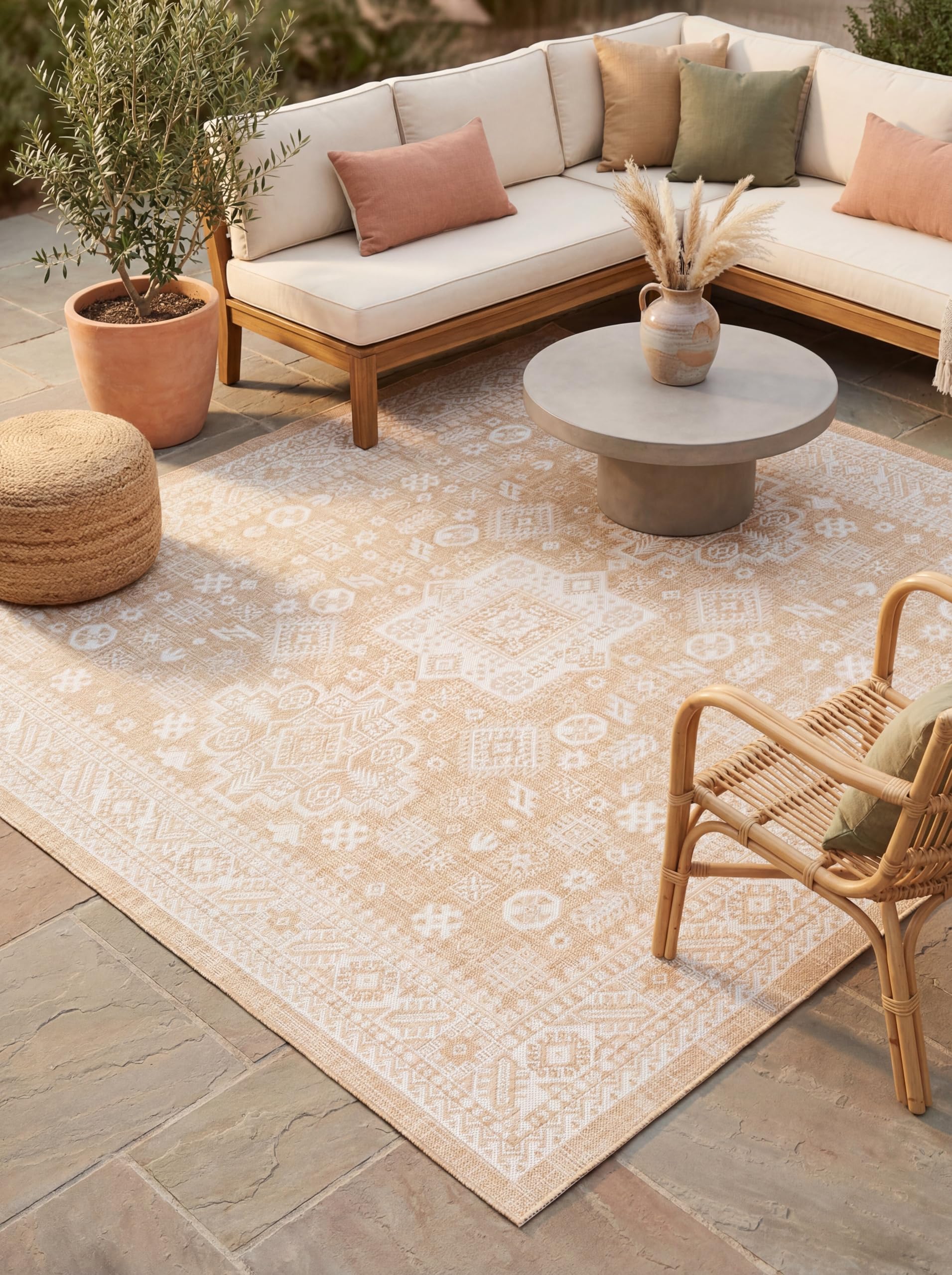 Rugs.com Outdoor Aztec Collection Rug – 8 Ft Square Natural Flatweave Rug Perfect for Living Rooms, Kitchens, Entryways Image