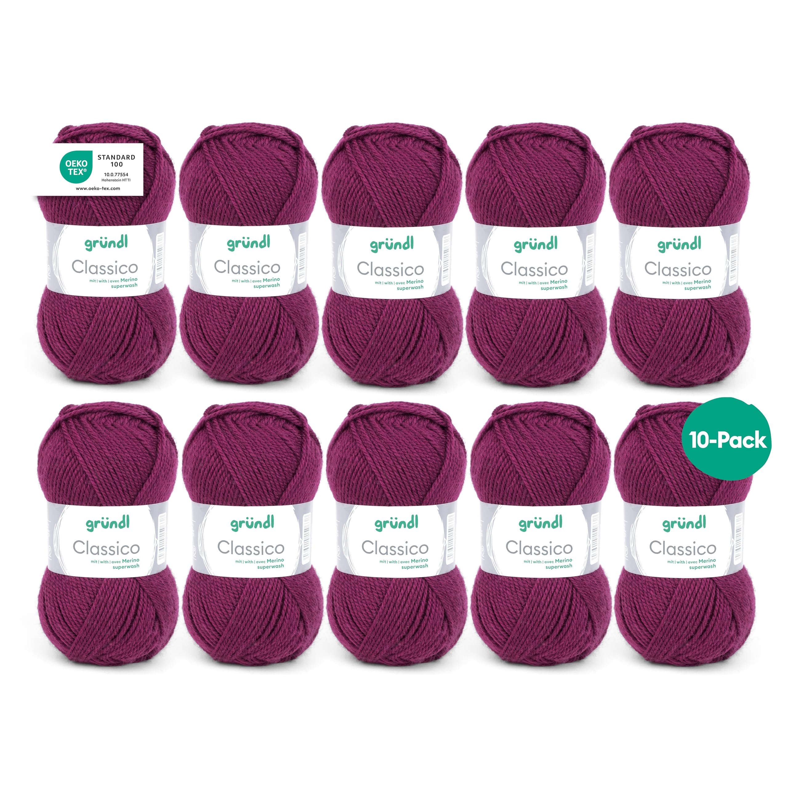 Gründl Classico Wolle (Oeko-TEX® Certified Knitting/Crochet Yarn Made of 50% Pure New Wool (Merino Superwash) & 50% polyacrylic, 50 g/120 m, Needle Size: 3.5-4.5, 10 Balls á 50 g), Bordeaux