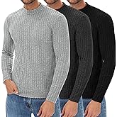 August Alley 3 Pack Men's Mock Turtleneck Sweaters Long Sleeve Ribbed Knit Shirts Slim Fit Casual Pullover Lightweight Layer