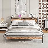 BOFENG Metal Platform King Size Bed Frame with Storage Headboard and USB Charging Station,King Bed Frame No Box Spring Needed,Sturdy and Noise-Free,Easy Assembly,Brown