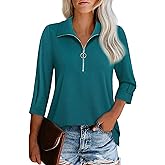 Vivilli Womens Tops Dressy Casual Summer Fall Outfts 3/4 Length Sleeve V Neck Shirts Work Blouses Zipper Collar Polo Shirts