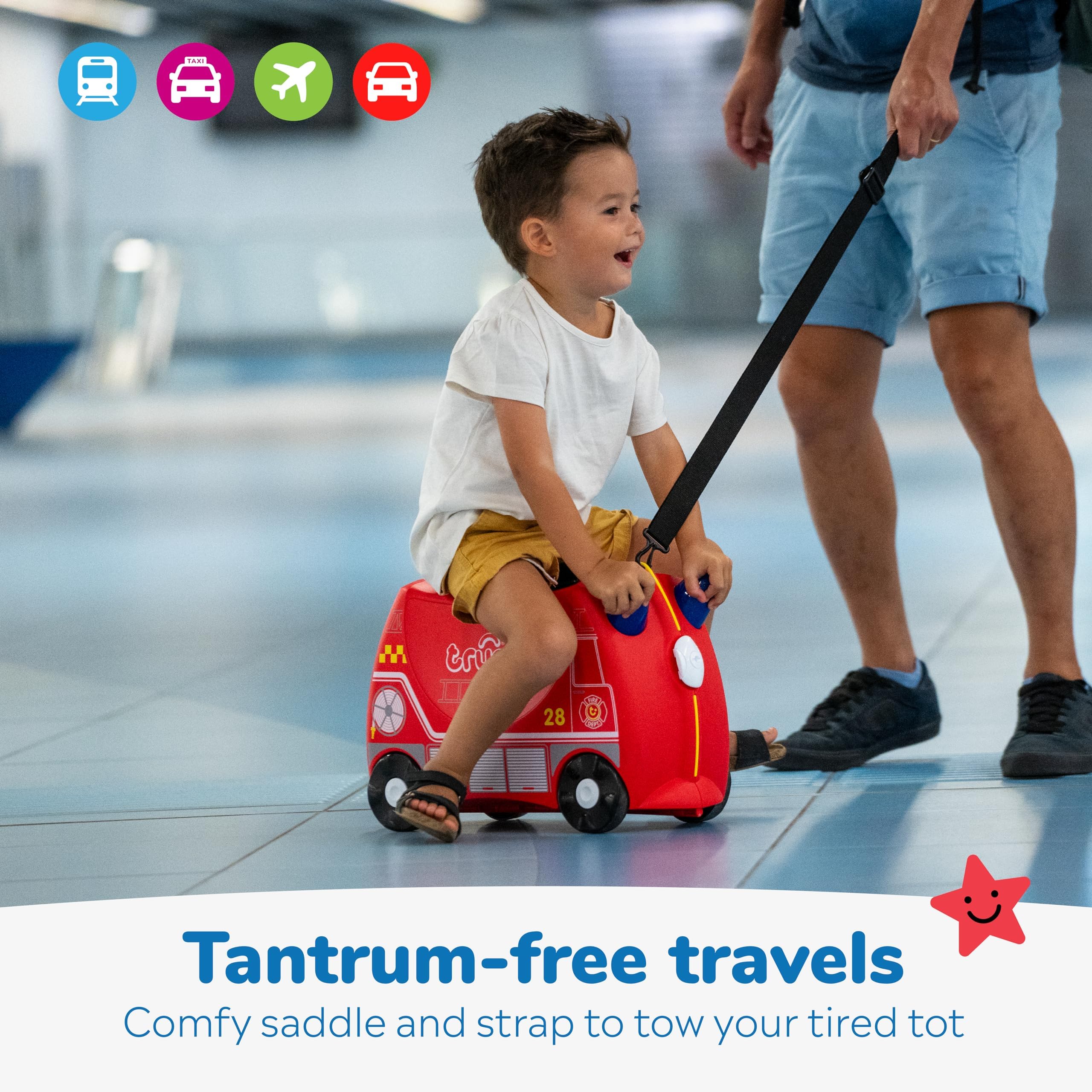 Trunki Ride-On Kids Suitcase | Tow-Along Toddler Luggage | Carry-On Cute Bag with Wheels | Kids Luggage and Airplane Travel Essentials: Frank Fire Truck Red