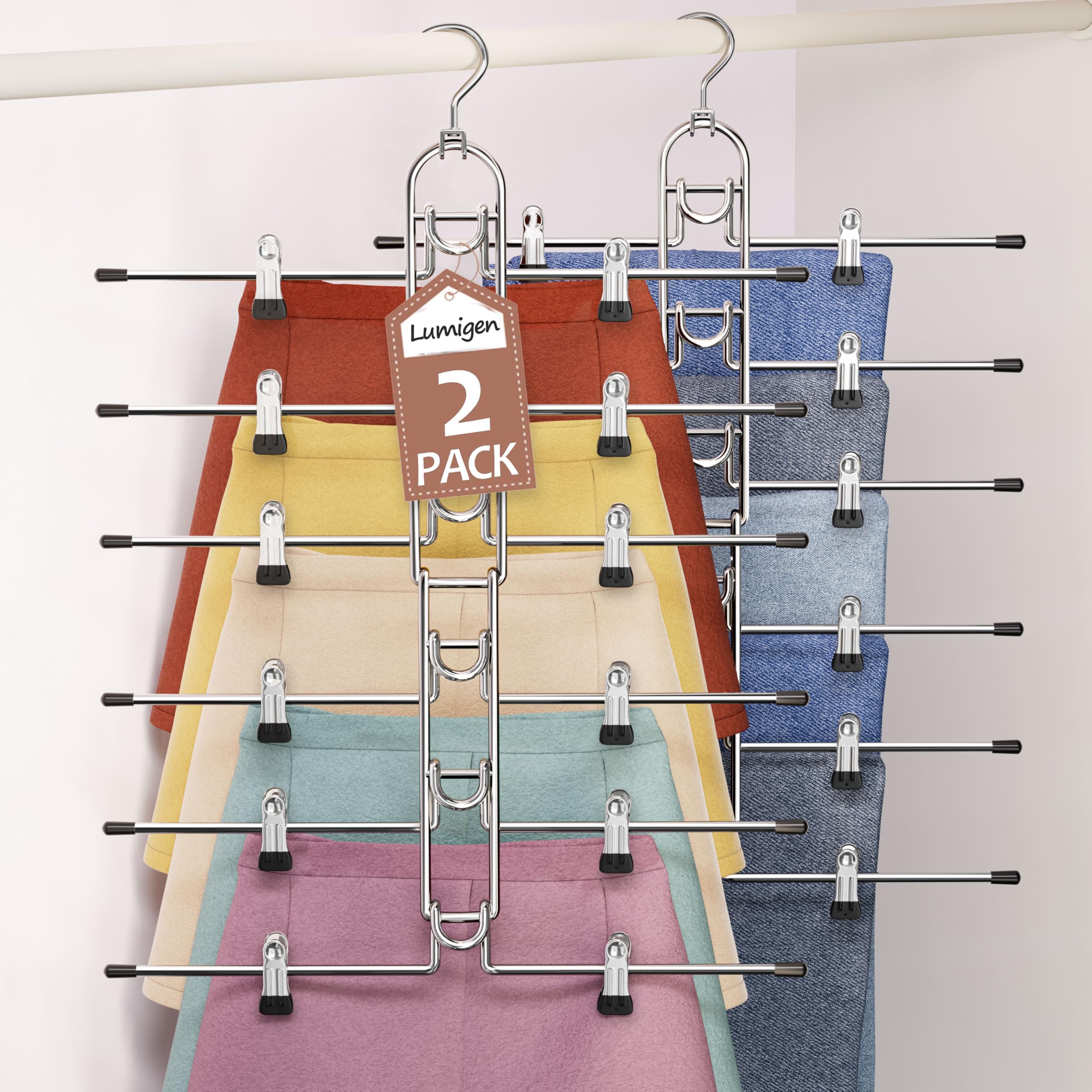 Pants & Skirt Hangers with Clips, Newly Upgraded Detachable - Space Saving Hangers, 6-Tiers Foldable Skirt Hangers for Women - Hanging Closet Organizer and Storage-2pack, Patent Pending