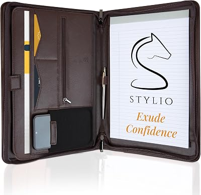 STYLIO Zipper Padfolio Walnut Faux Leather Binder Organizer
