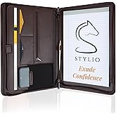 STYLIO Zipper Padfolio Portfolio Binder Organizer (Walnut Color) | Faux Leather Portfolio for Resume, Documents, Phone, Tablet, Business Supplies and Cards | Letter Sized Notepad Included | Brown