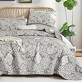 WONGS BEDDING Gray Quilt Set Queen Size, Botanical Print Bedspread Coverlet Set, Soft Lightweight Farmhouse Floral Quilt Bedding Set for All Season (96"x90")