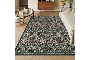 Moynesa Floral Washable Rugs, 8x10 Area Rug for Living Room, Soft Large Boho Bedroom Rug, Botanical Non Slip Ultra Thin Floor Carpet for Dining Room Nursery Office, Black