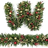 Christmas Garland 9ft with 50 Led, Gold & Red Ball Berries Battery Control, Christmas Decor with Light Timer for Mantle Staircase Indoor and Outdoor
