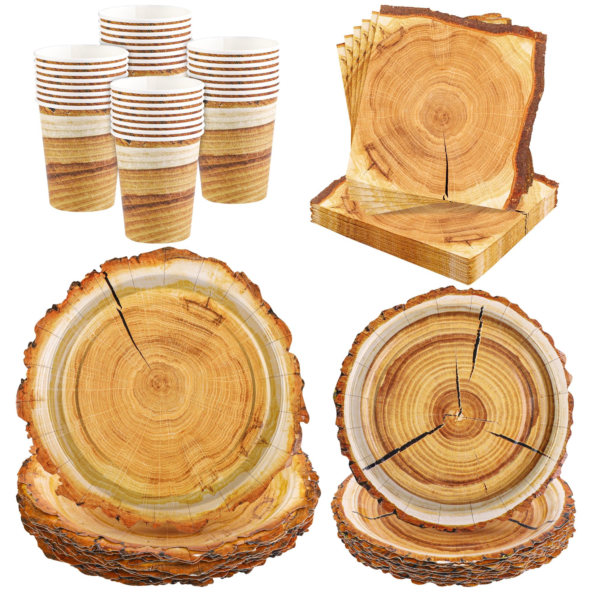 Photo 1 of Kochorie 96 Pieces Camping Wood Grain Slice Tableware Set Rustic Wood Party Supplies Including Paper Plates Cups Napkins Serves 24 Guests for Hunting Baby Shower Lumberjack Birthday Party