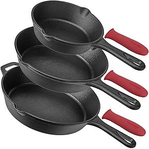 Pre-Seasoned Cast Iron Skillet 3-Piece Chef Set (6-Inch 8-Inch and 10-Inch) Oven Safe Cookware | 3 Heat-Resistant Holders | Indoor and Outdoor Use | Grill, Stovetop, Induction Safe