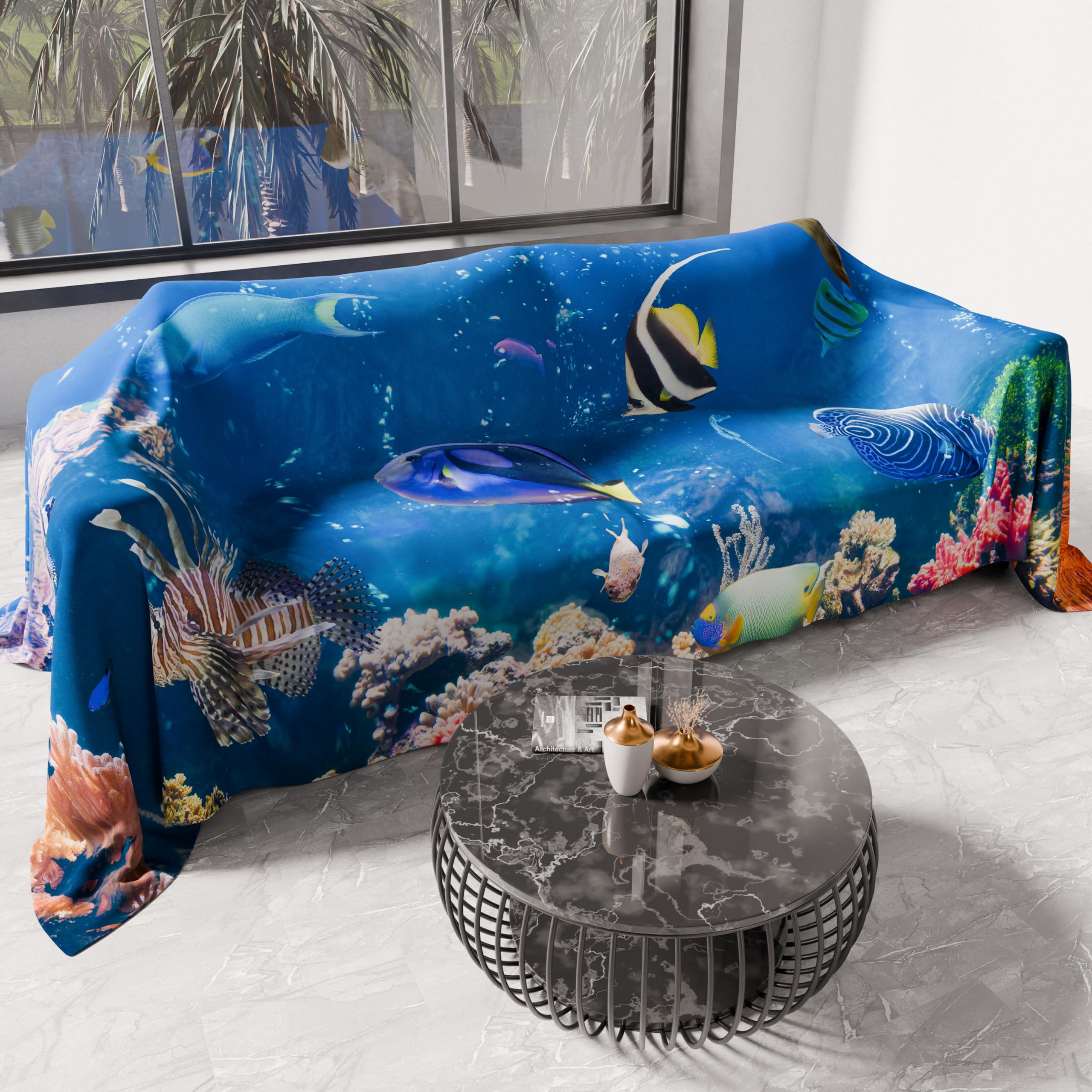 PETTI Artigiani Italiani - Microfibre Sofa Cover 260 x 270 cm, Aquarium Design | Multipurpose for Sofas, Bedspreads and Table Covers | Washable Protective Cover