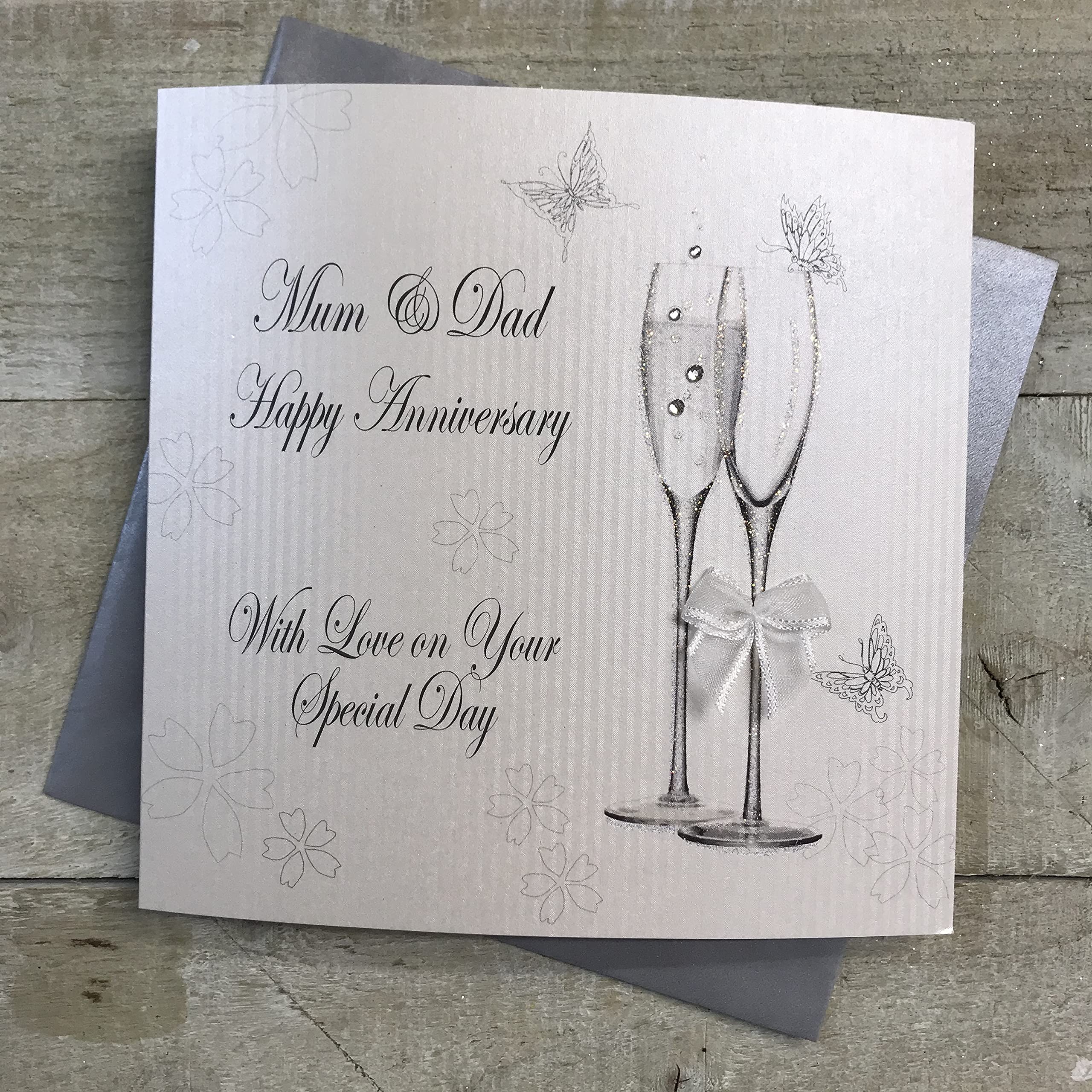White Cotton Cards Handmade Happy Anniversary Card with Love On Your Special Day for Mum and Dad with Champagne Glasses, BD194