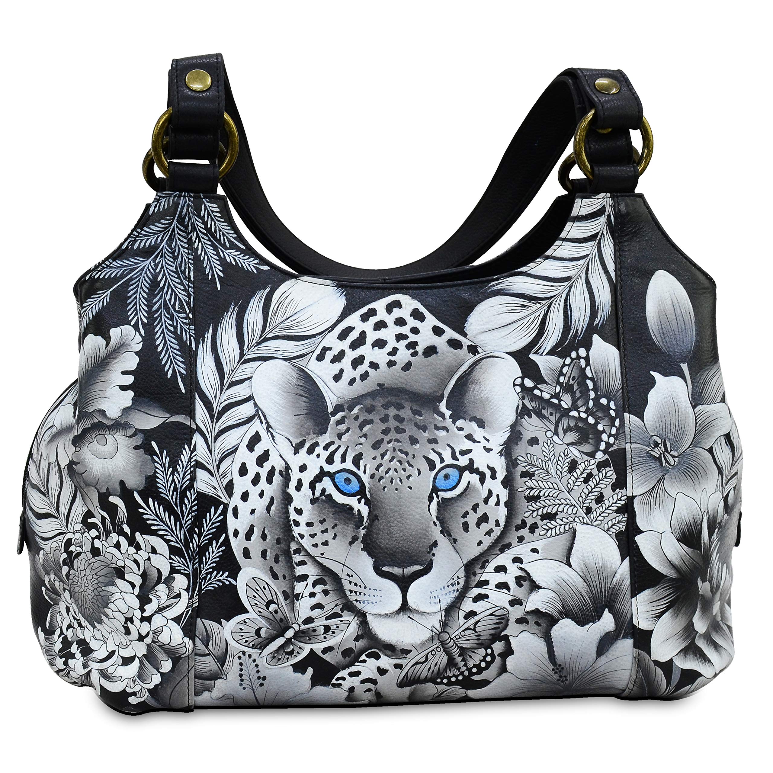 Anuschka Women’s Genuine Leather Large Triple Compartment Hobo - Hand Painted Exterior - Cleopatra's Leopard