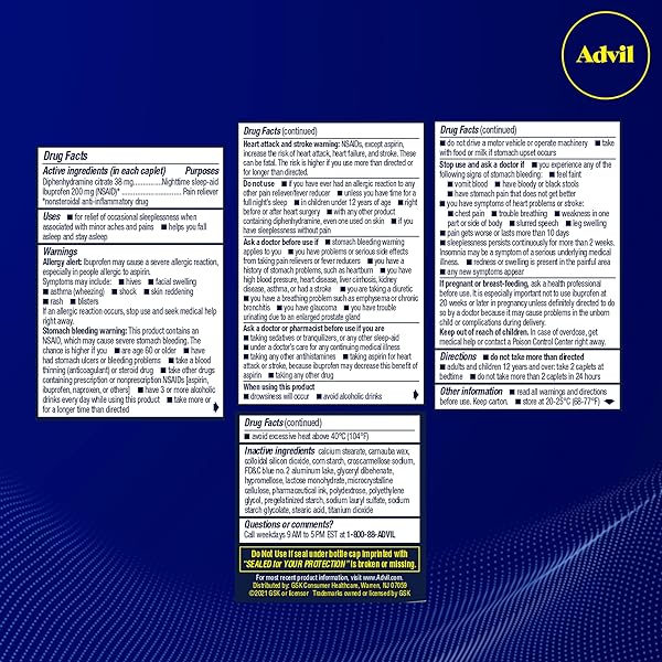 ADVIL PM PAIN RELIEVER AND NIGHTTIME SLEEP AID, PAIN MEDICINE WITH IBUPROFEN FOR PAIN RELIEF AND DIPHENHYDRAMINE CITRATE FOR A SLEEP AID – 50X2 COATED CAPLETS