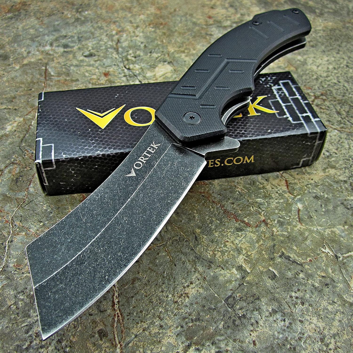 VORTEK Pocket Cleaver Knife: Ball Bearing Pivot, 8Cr13MoV Razor Sharp Cleaver Blade, Ultra Smooth Opening, Non-Slip G10 Handles, Heavy Duty Construction Built Tough: Kitchen & Dining