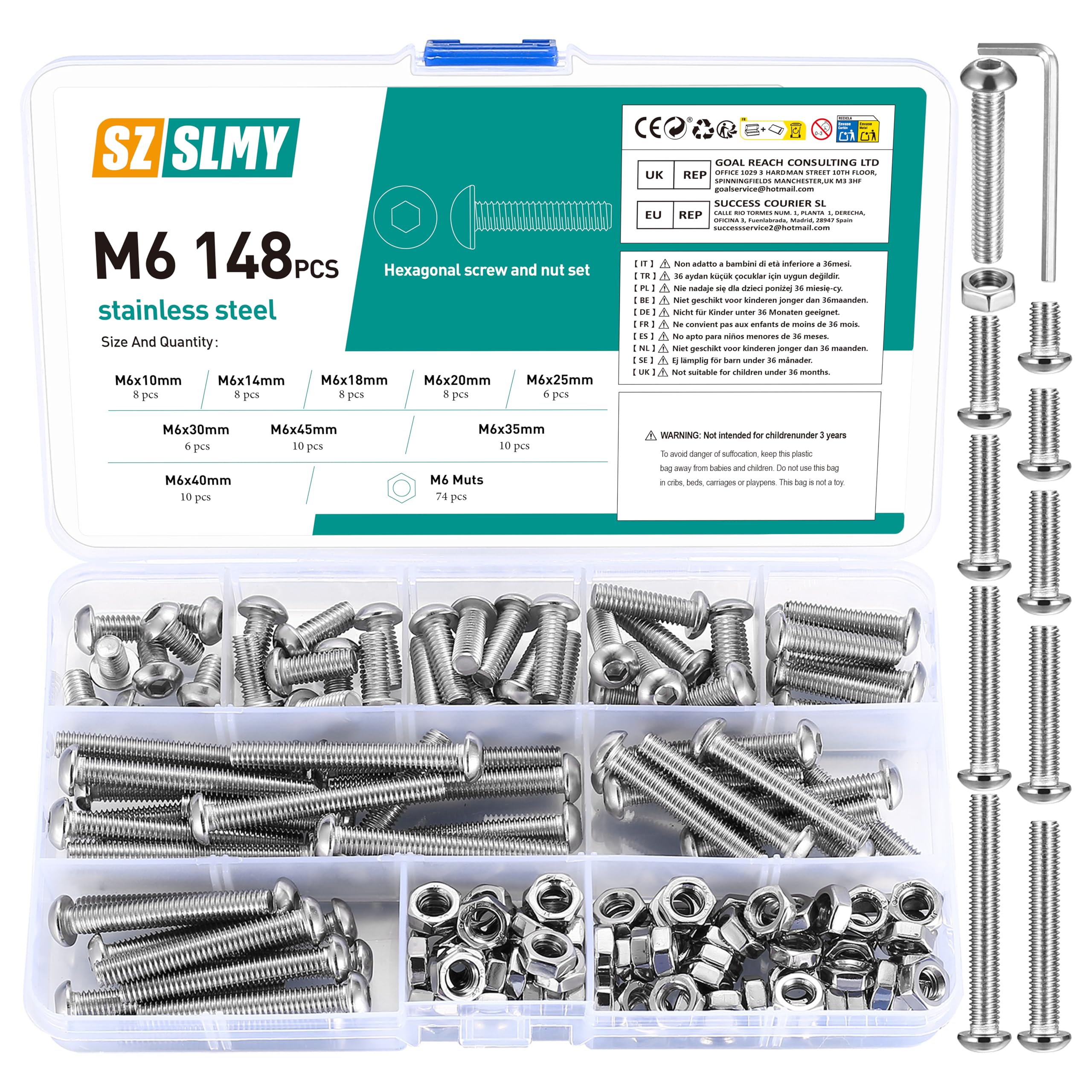 M6 Bolts and Nuts Set, 148 Pcs Hex Socket Head Cap Screws Nuts and Bolts Assorted Set, Round Head Pan Head Machine Screws Assortment Kit, Thread Fastener Hex Bolts and Nuts