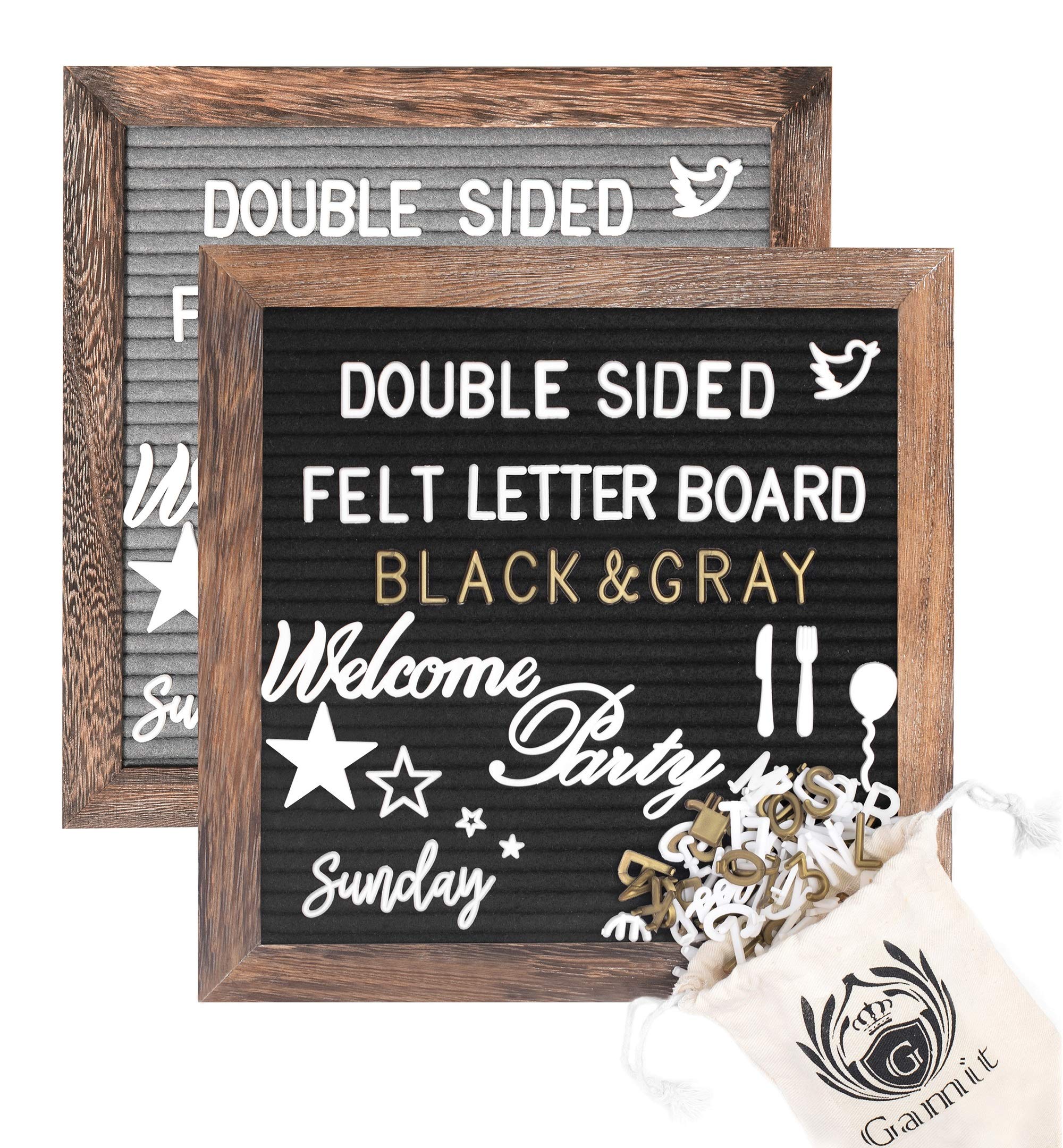 G GAMIT Double Sided Felt Letter Board with Rustic Wood Frame, 10x10 Message&Sign Board, 786 White&Gold Precut Letters,Symbols&Emojis&Script Cursive Words, Wall&Tabletop Display with Stand&Letter Bags