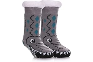 SDBING Kids Fuzzy Slipper Socks Boys Girls Soft Cozy Fluffy Grips Socks Winter Warm Non Slip Christmas Socks (4-7 Years, Grey Crocodile)
