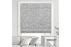 UNISHADES no Drill Cordless Roman Shades for Windows, 30" W × 64" H - 100% Blackout - Linen - Grey