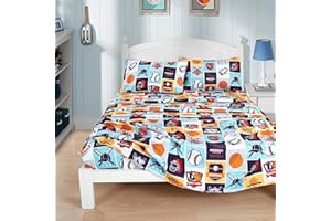 Chezmoi Collection 4-Piece Kids/Teens My Sports Sheet Set - Soft Microfiber Navy Blue Gray Orange White Printed Basketball Baseball Football Soccer Fun Kids Sheets, Full Size