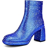 FINDVELL Rhinestone Boots For Women Chunky Block Heeled Sparkly Platform Ankle Booties Glitter Shoes Wedding Bride