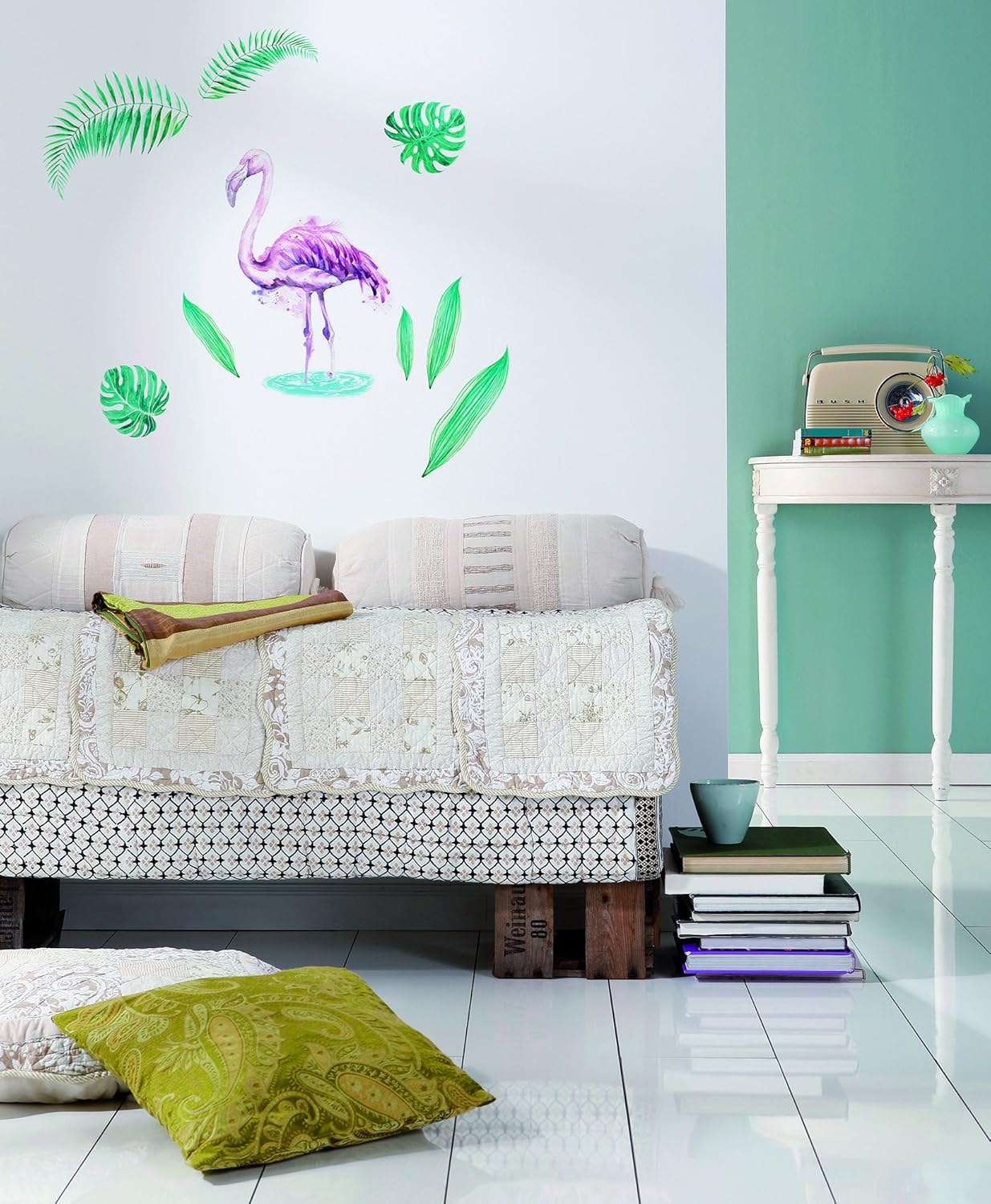 Komar 17057h Decorative Wall Sticker Flamingo Size 50 x 70 cm Width x Height 9 Pieces Removable and Repositionable Made in Germany Green/Pink