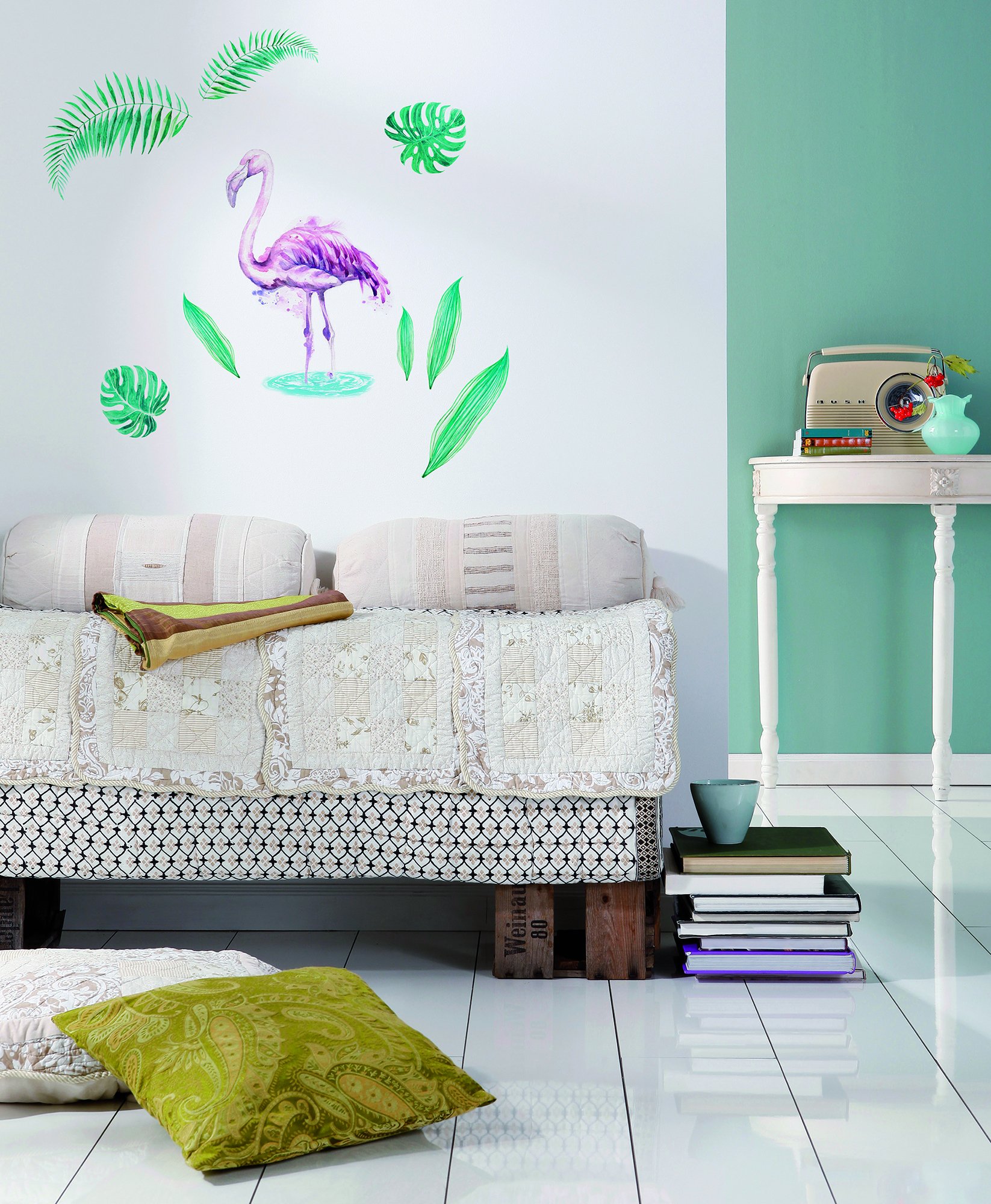 Komar 17057h Decorative Wall Sticker Flamingo Size 50 x 70 cm Width x Height 9 Pieces Removable and Repositionable Made in Germany Green/Pink