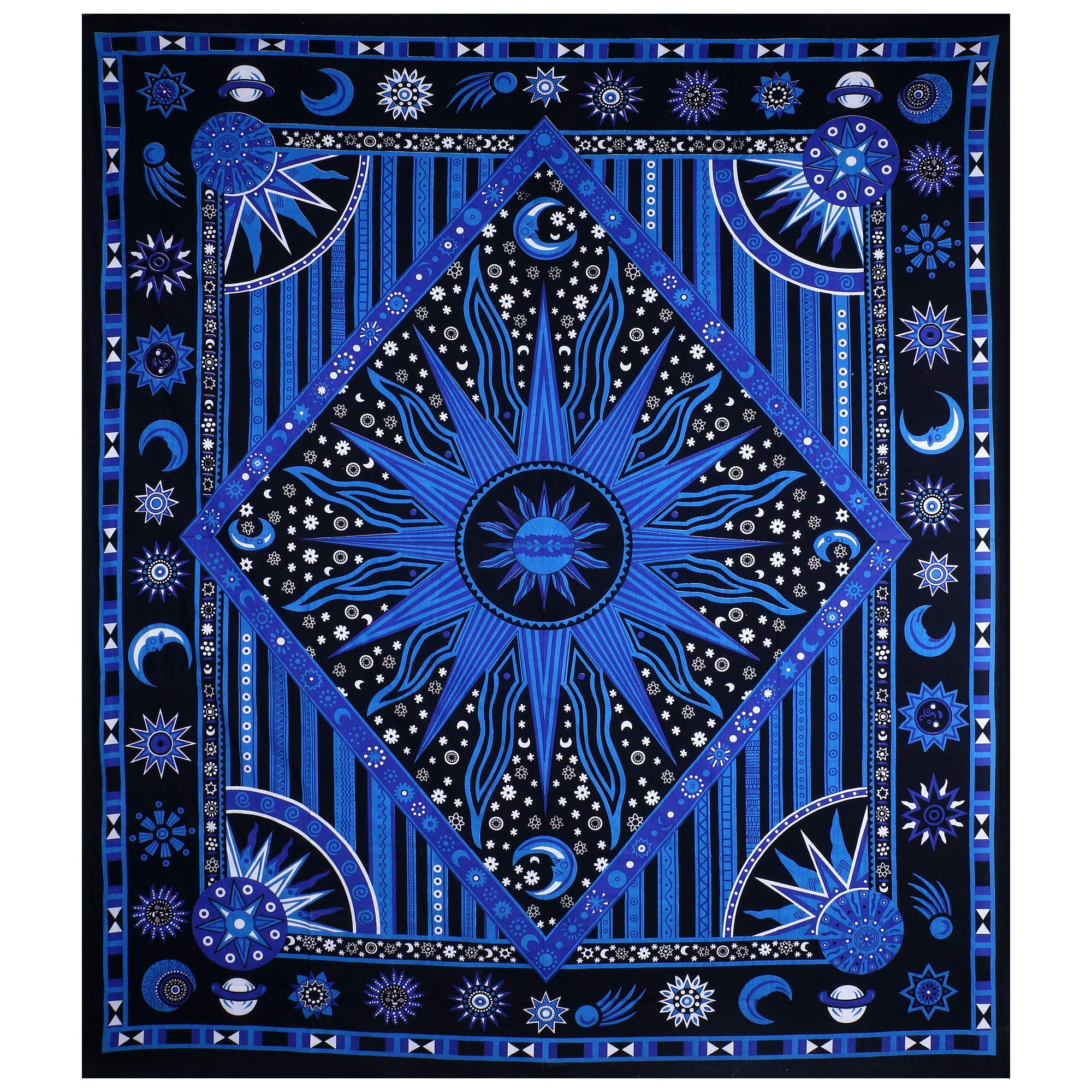 THE ART BOX Blue Mandala Sun and Moon Tapestry – Celestial Cotton Wall Hanging for Bedroom & Home Decor
