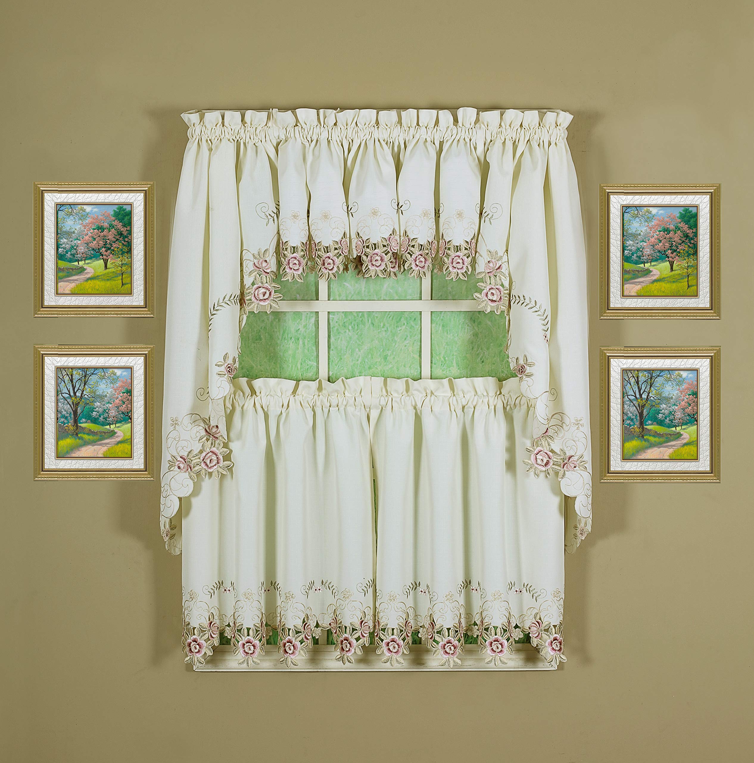Today's Curtain Verona Reverse Embroidery Window Tier, 36-Inch, Ecru/Rose — image 1