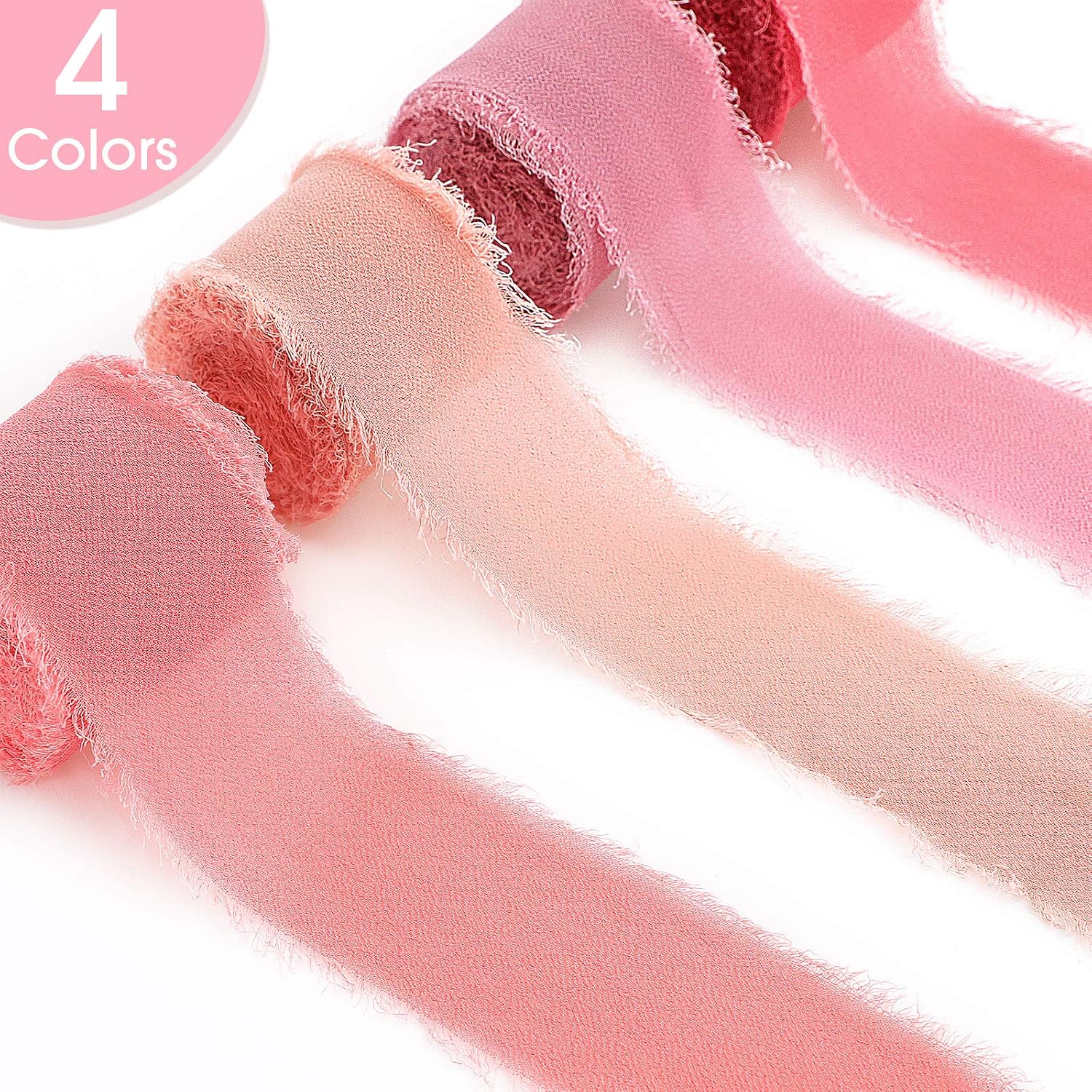 Rustic Pink Ribbon 4 Rolls Chiffon Ribbon Pink Silk Frayed Edges Ribbon 1.5 Inch 7 Yards ...