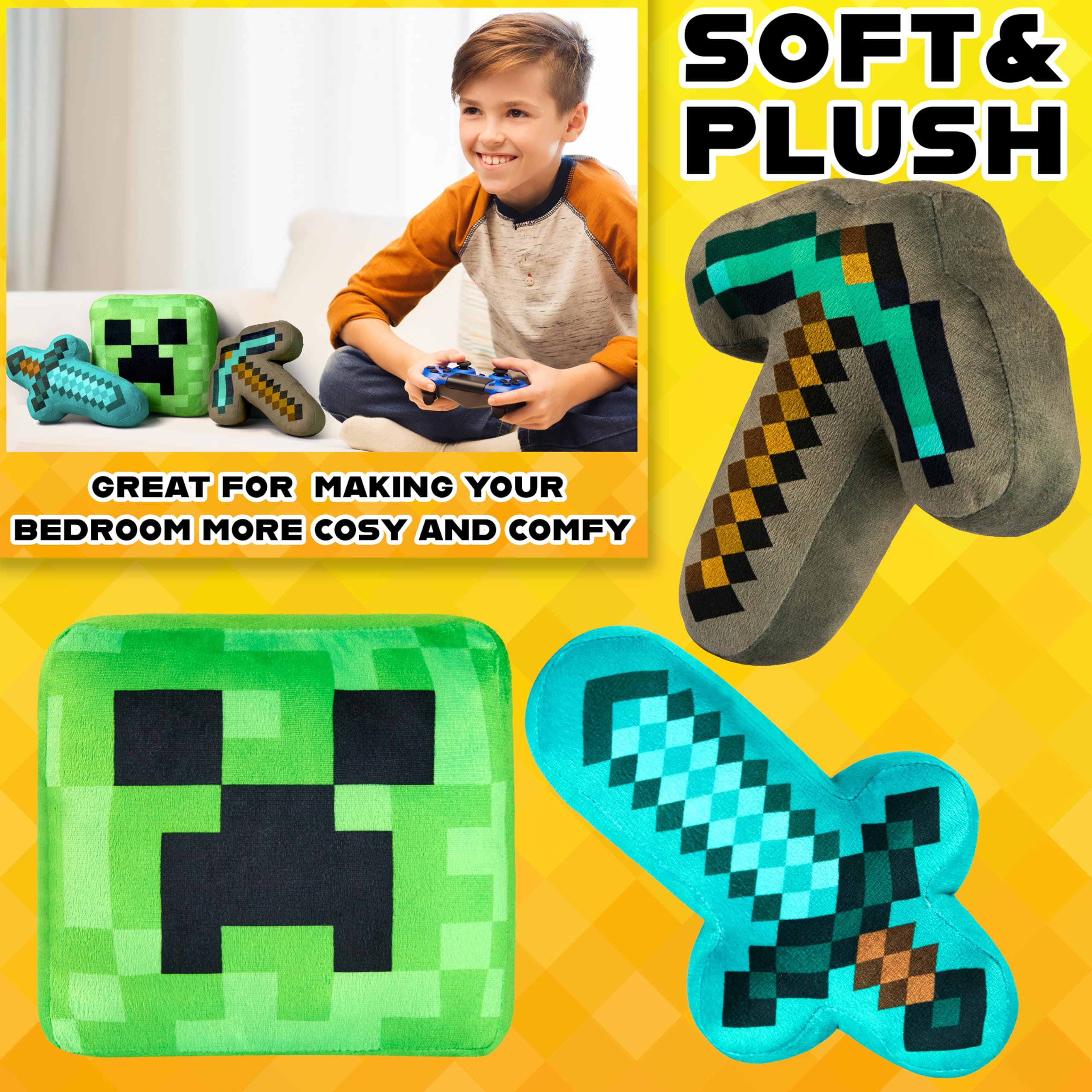 Minecraft Toys Plush Figure 3D Set Pack of 3 Toddler Pillow Cushion for Kids Teens Cuddle Buddy Home Decor Bedroom Accessories Stuffed Collectibles Soft Stuffed Animals Gifts for Gamers