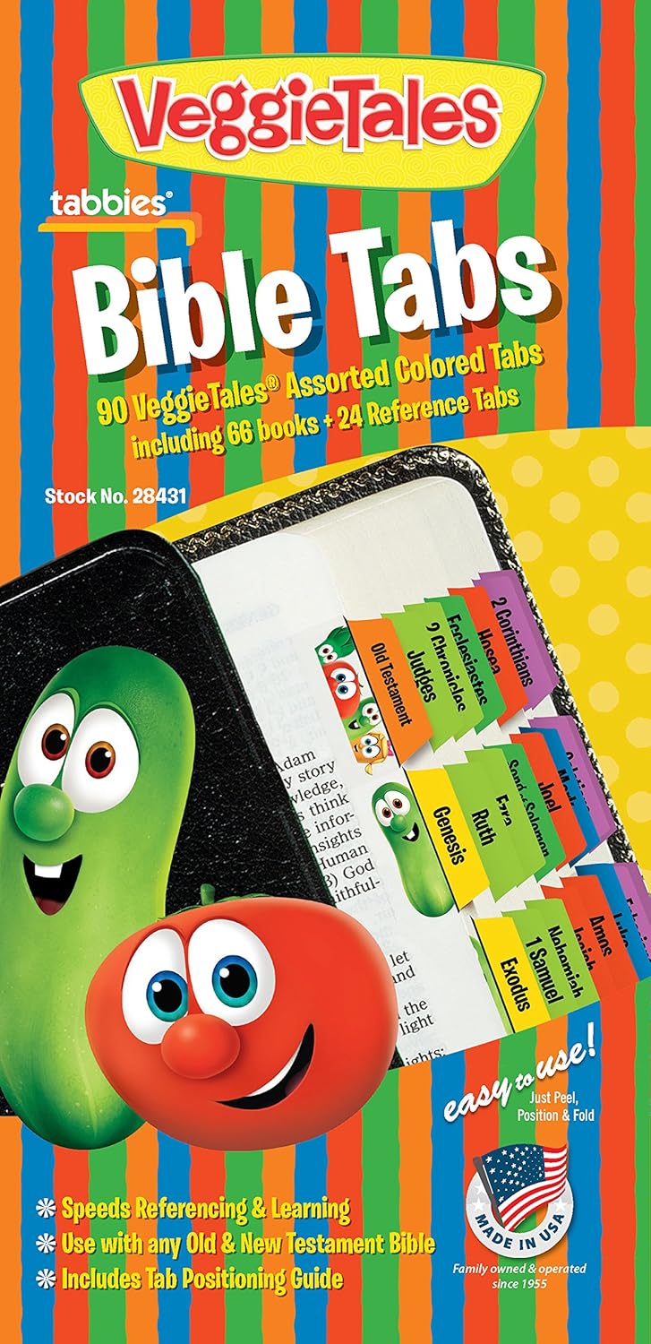 Tabbies VeggieTales Bible Tabs Old & New Testament, 90 Assorted Including 66 Books & 24 Reference Tabs Any Sized Bible (28431)
