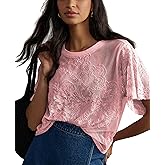 OPCAKM Lace Tops for Women Sexy Short Sleeve Mesh Tops Embroidered Sheer Lace T-Shirts See Through Blouse