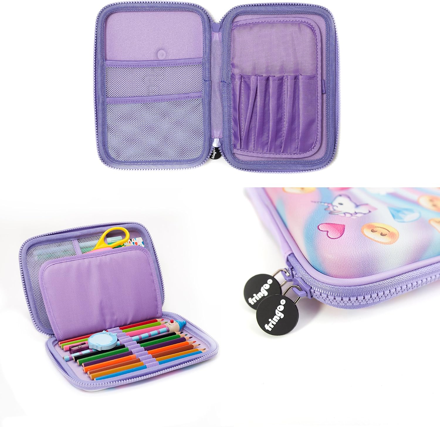 Fringoo, Kids Pencil Case, Pastel Emoji World Holo Design, Purple Pencil Case- Stationery Holder, Large, Embossed Hardtop - Image 5