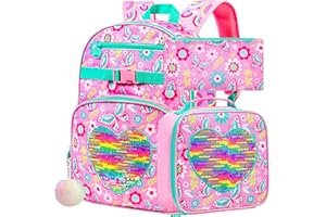 FTJCF 3PCS Girls Backpack, 16" Kids Sequins Butterfly Bookbag with Lunch Box, Elementary Preschool Kindergarten School Bag Set - Pink