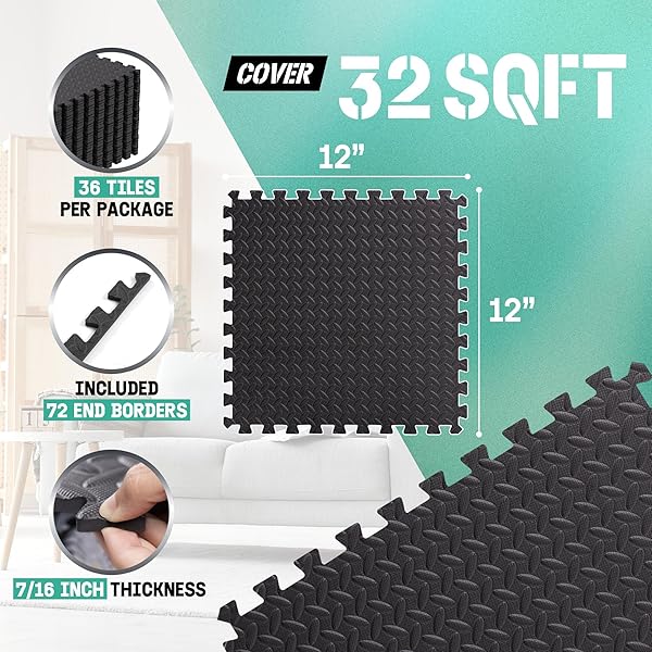 YES4ALL INTERLOCKING EXERCISE FOAM MATS WITH BORDER – INTERLOCKING FLOOR MATS FOR GYM EQUIPMENT – EVA INTERLOCKING FLOOR TILES – 36 SQUARE FEET (36 TILES) – BLACK