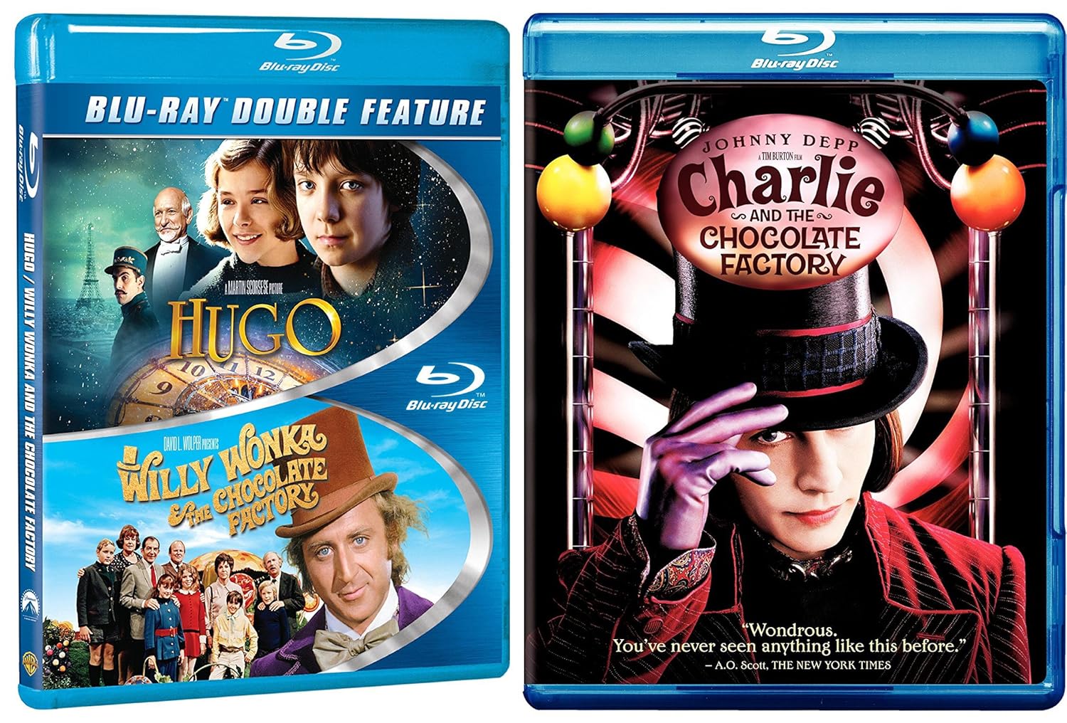 Amazon Com Charlie And The Chocolate Factory Tim Burton Willy Wonka The Chocolate Factory Musical Hugo Blu Ray Set Classic Family Movie Bundle Triple Feature Johnny Depp Freddie Highmore