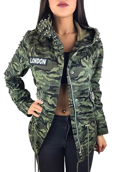 Worldclassca Damen Camouflage Parka Jacke MILITÄR GRÜN ÜBERGANGSJACKE Mantel Nieten Retro Blouson Army Parka LANG MIT REIßVER